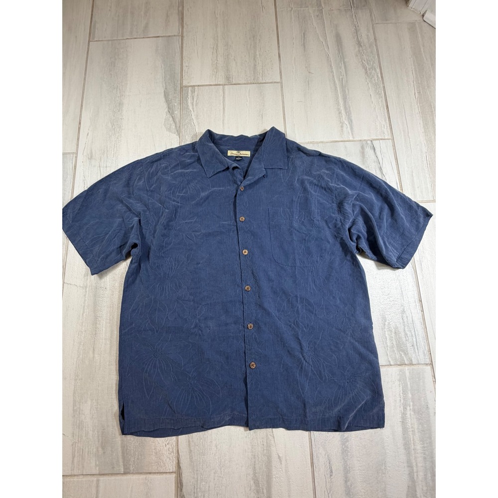 Tommy Bahama Mens XL Blue 100% Silk Tonal Floral Jacquard Camp Shirt SS